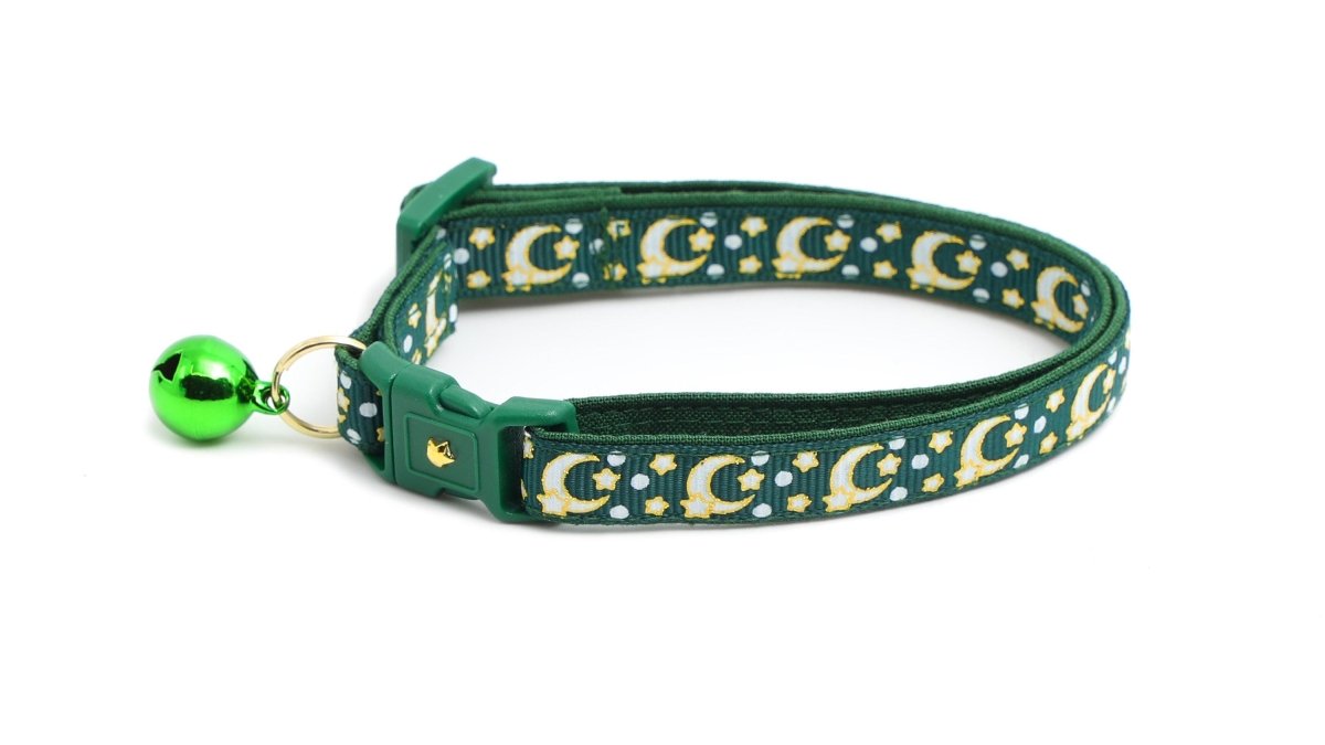 Gold Moons and Stars on Dark Green Cat Collar - Pets Perfect