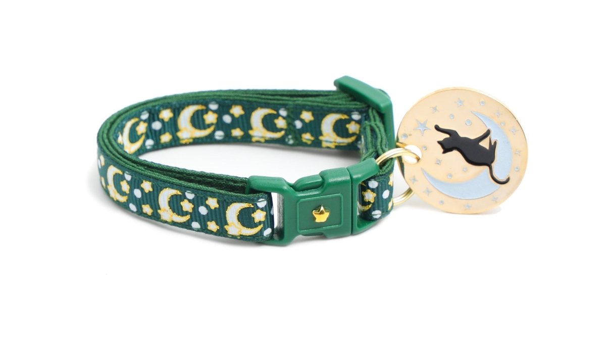 Gold Moons and Stars on Dark Green Cat Collar - Pets Perfect