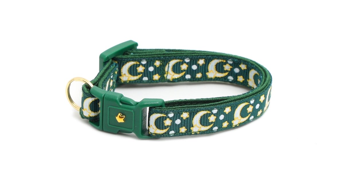 Gold Moons and Stars on Dark Green Cat Collar - Pets Perfect