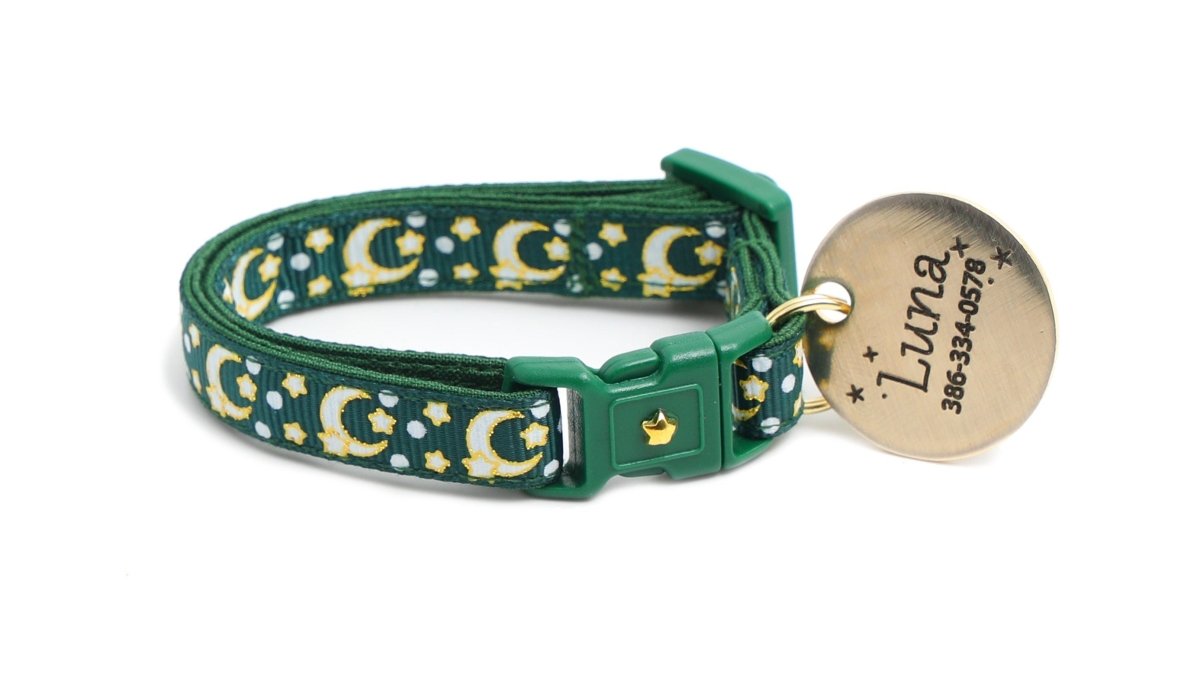Gold Moons and Stars on Dark Green Cat Collar - Pets Perfect