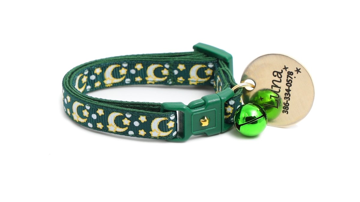 Gold Moons and Stars on Dark Green Cat Collar - Pets Perfect