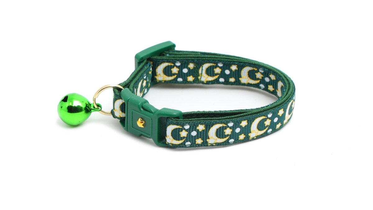 Gold Moons and Stars on Dark Green Cat Collar - Pets Perfect