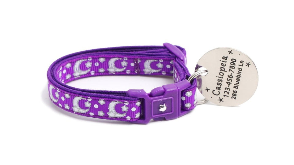 Silver Moons and Stars on Dark Purple Cat Collar, view 6