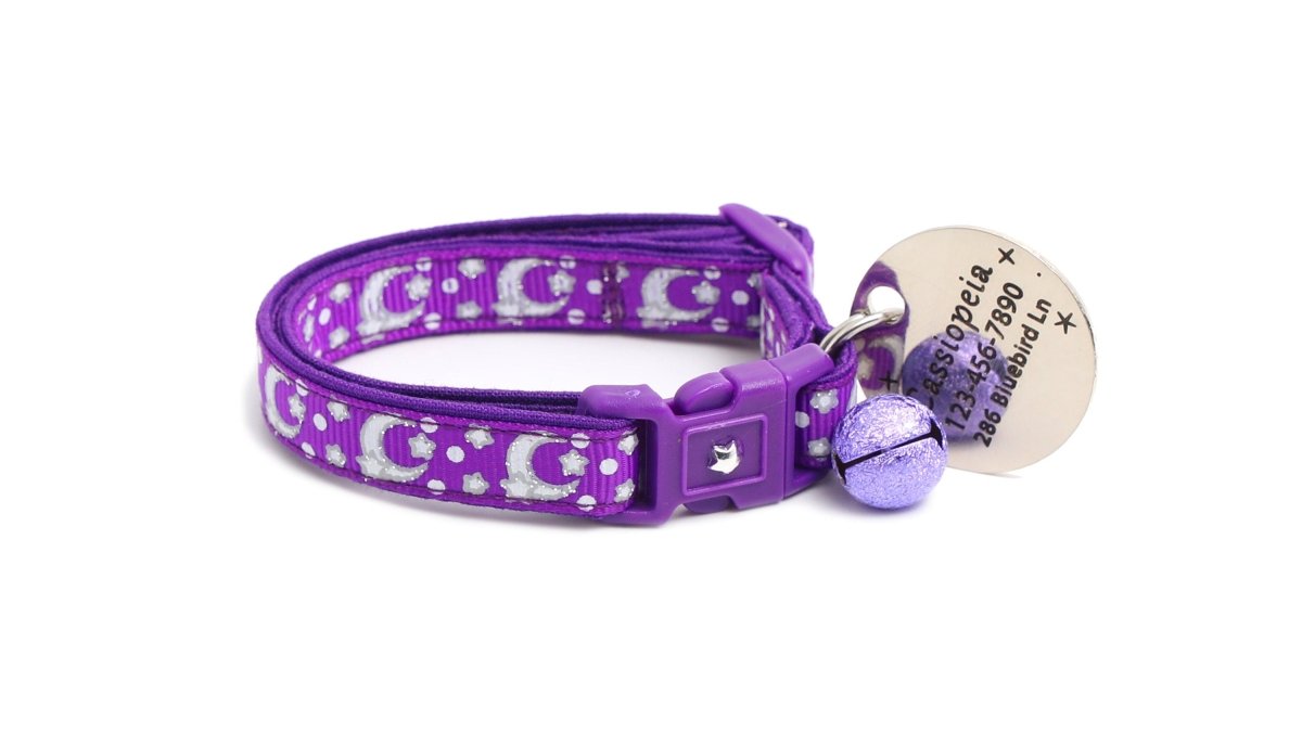 Silver Moons and Stars on Dark Purple Cat Collar - Pets Perfect