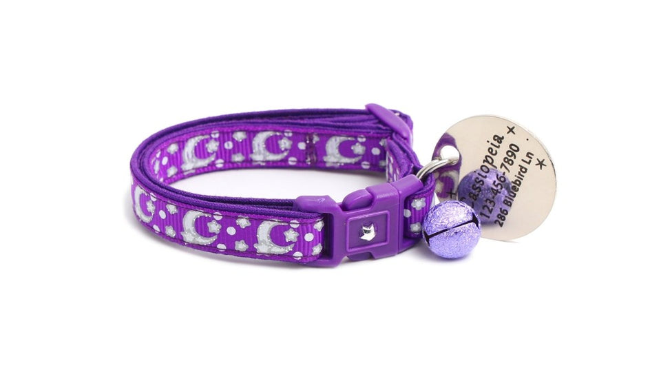 Silver Moons and Stars on Dark Purple Cat Collar, view 7