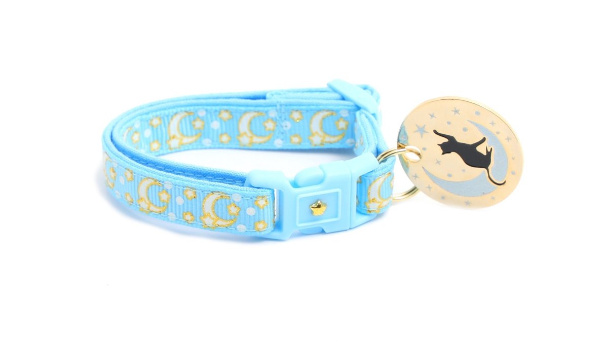 Gold Moons and Stars on Powder Blue Cat Collar - Pets Perfect