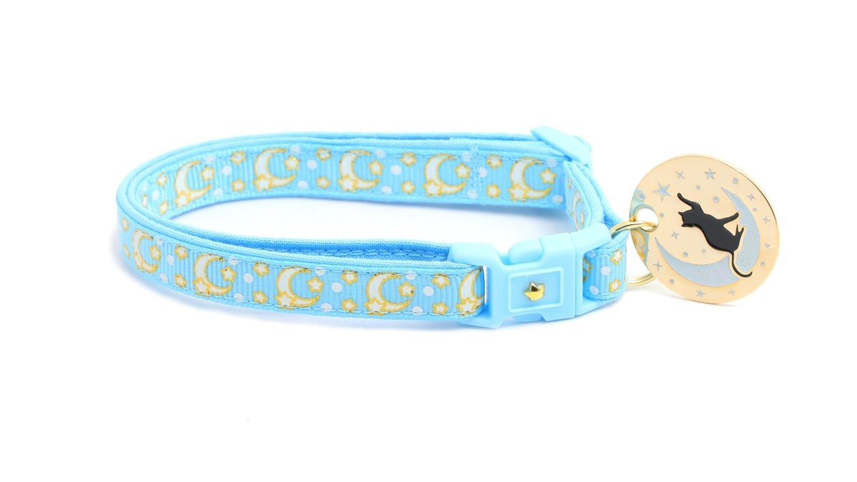 Gold Moons and Stars on Powder Blue Cat Collar - Pets Perfect