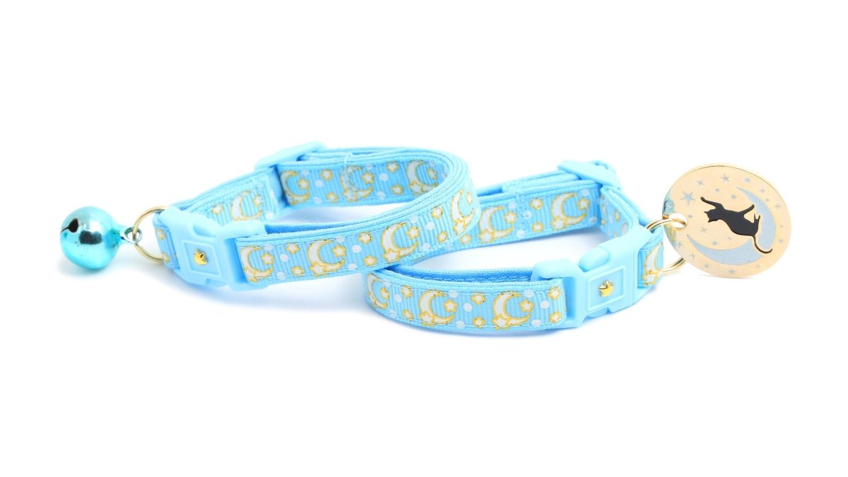 Gold Moons and Stars on Powder Blue Cat Collar - Pets Perfect