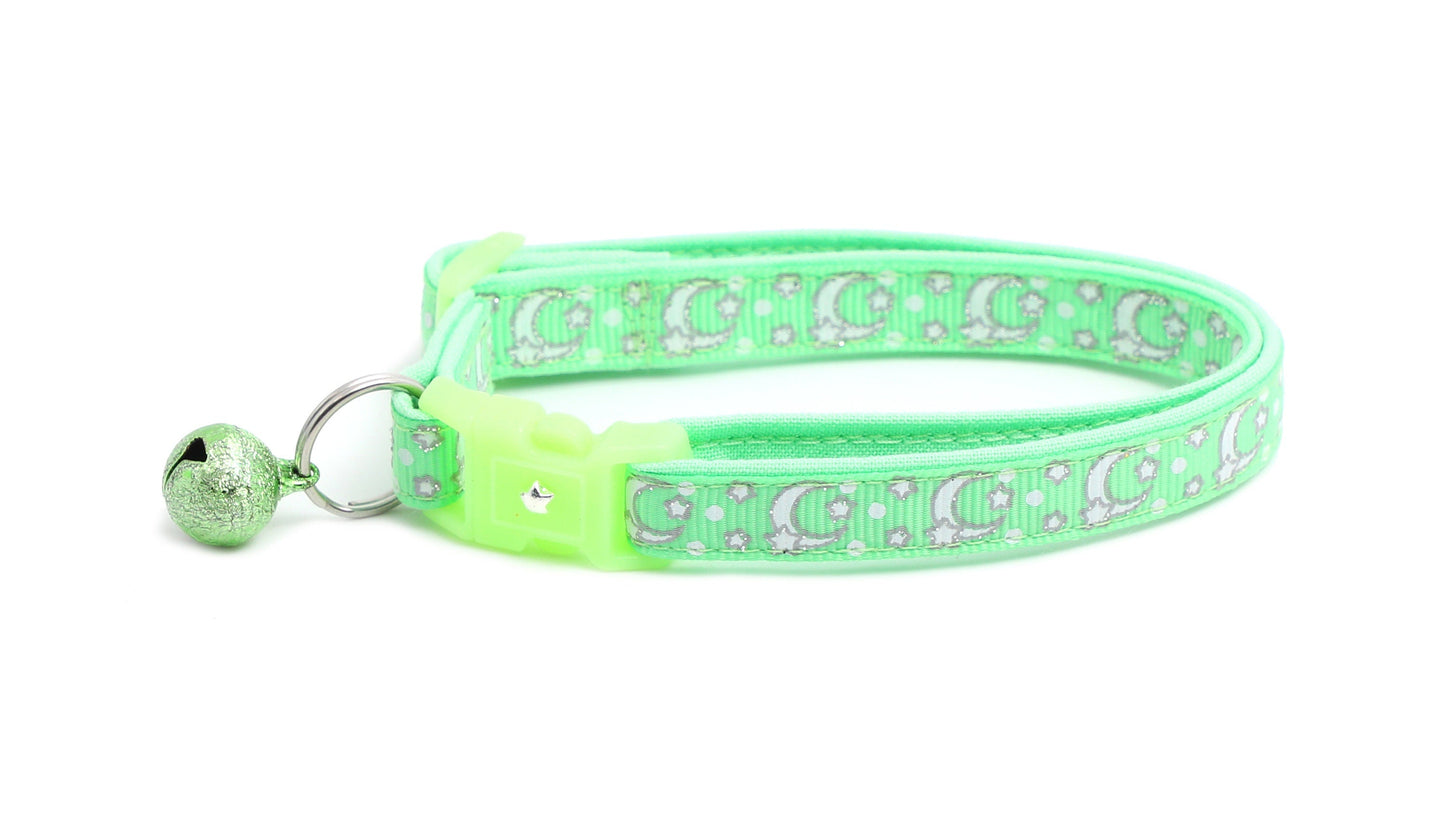 Silver Moons and Stars on Mint Green Cat Collar