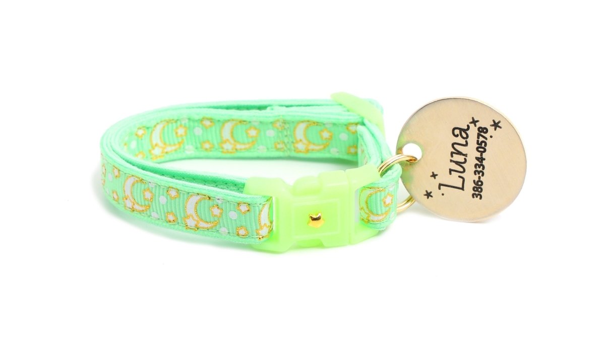 Gold Moons and Stars on Mint Green Cat Collar - Pets Perfect