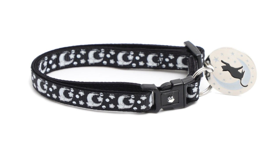 Silver Moons and Stars on Black Cat Collar, view 7