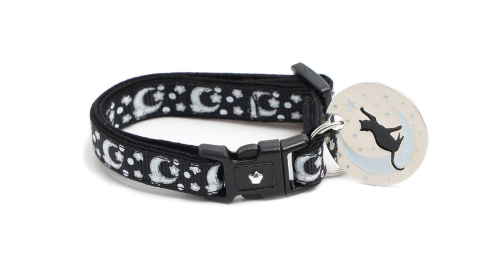 Silver Moons and Stars on Black Cat Collar, view 5