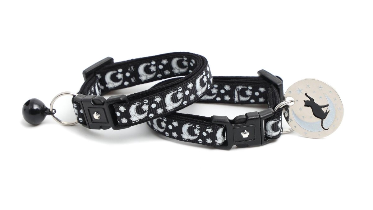 Silver Moons and Stars on Black Cat Collar - Pets Perfect