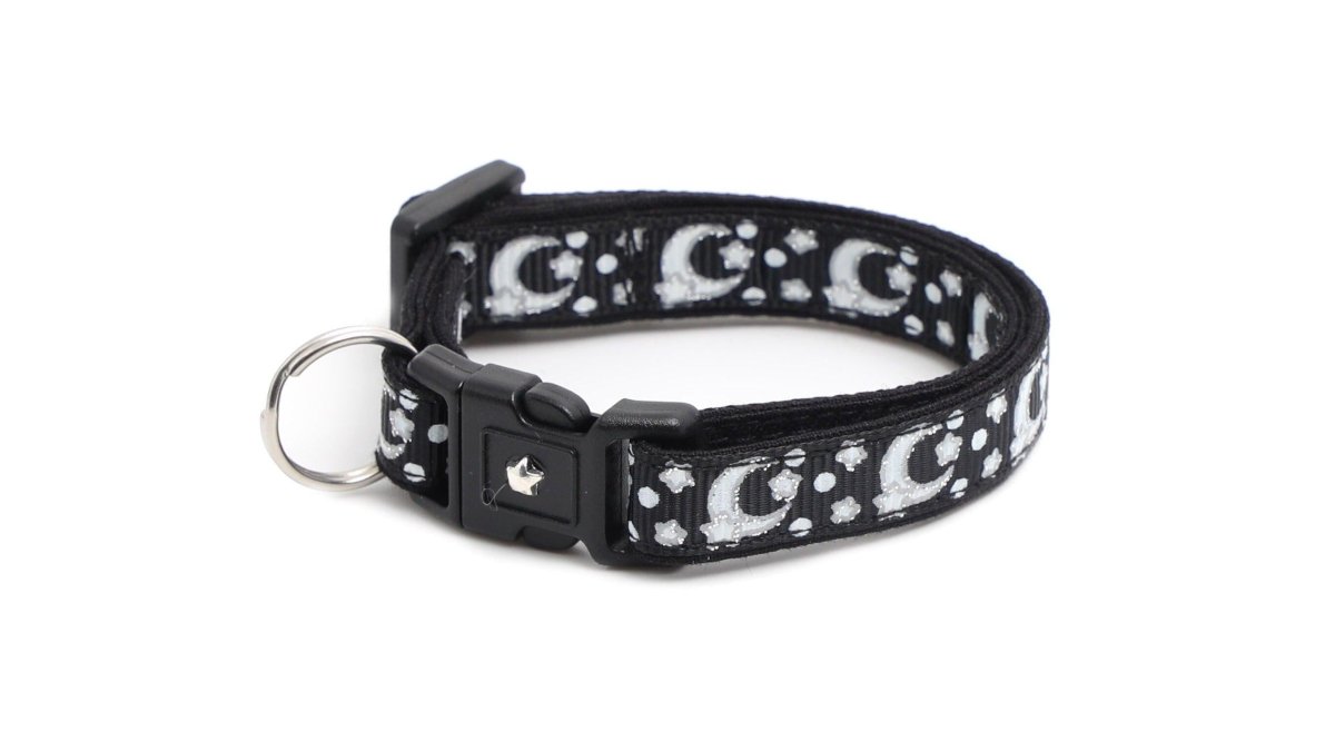 Silver Moons and Stars on Black Cat Collar - Pets Perfect