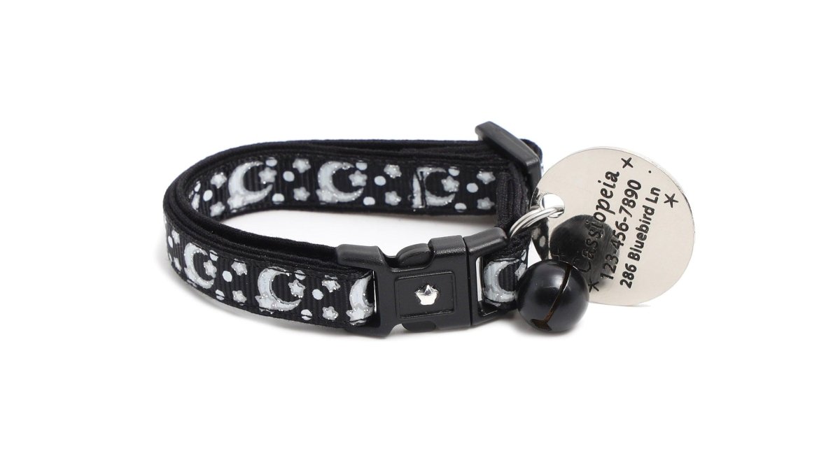 Silver Moons and Stars on Black Cat Collar - Pets Perfect
