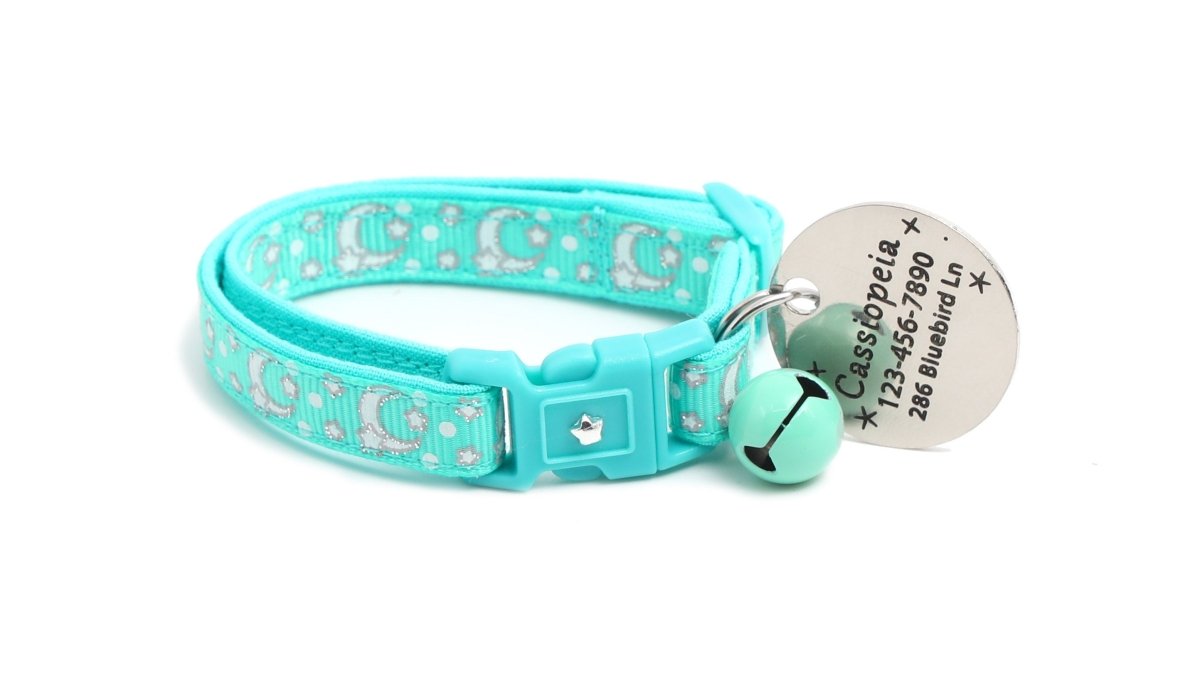 Silver Moons and Stars on Aqua Cat Collar - Pets Perfect