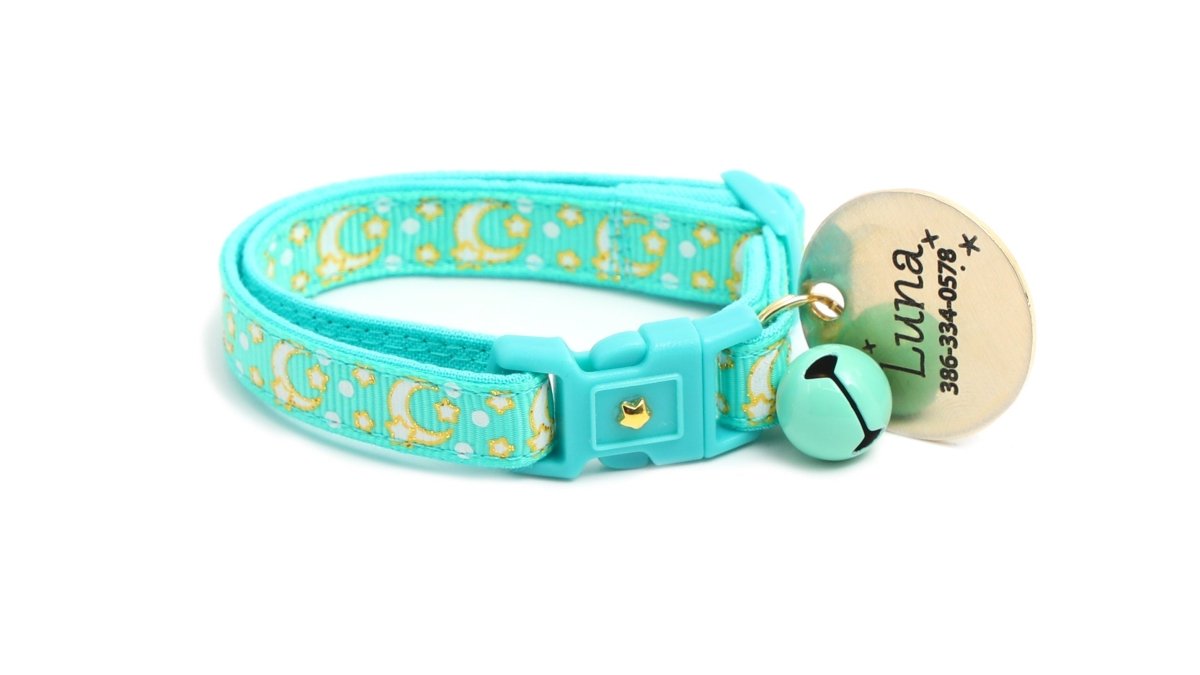 Gold Moons and Stars on Aqua V2 Cat Collar - Pets Perfect