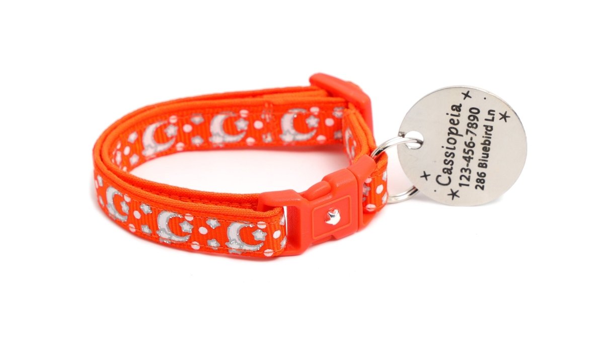 Silver Moons and Stars on Orange Cat Collar - Pets Perfect