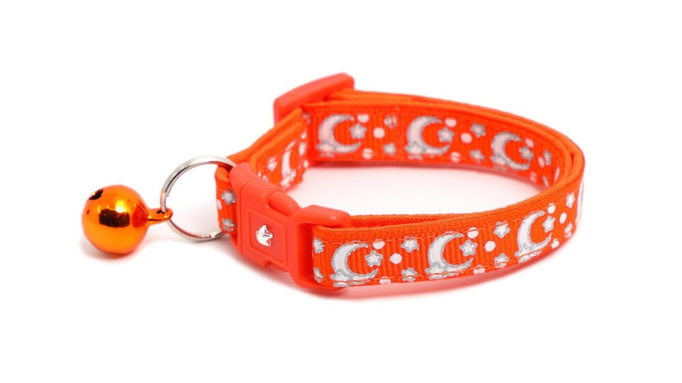 Silver Moons and Stars on Orange Cat Collar, view 2