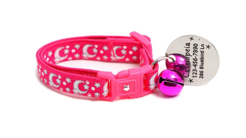 Silver Moons and Stars on Hot Pink Cat Collar, view 4