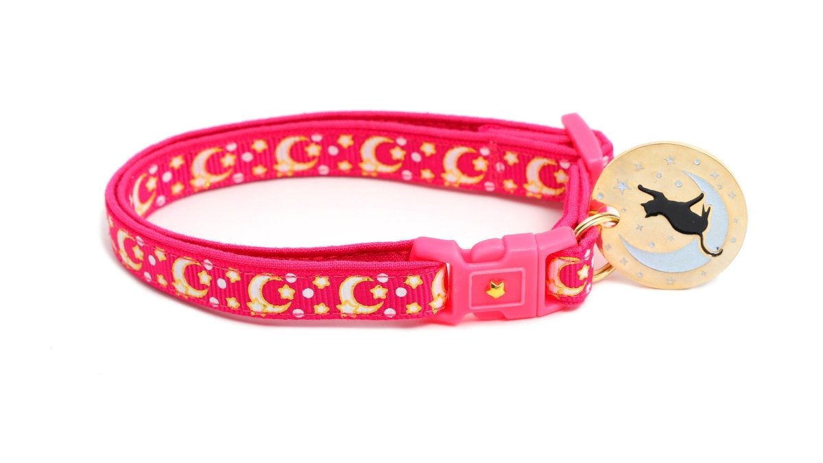 Gold Moons and Stars on Hot Pink Cat Collar - Pets Perfect