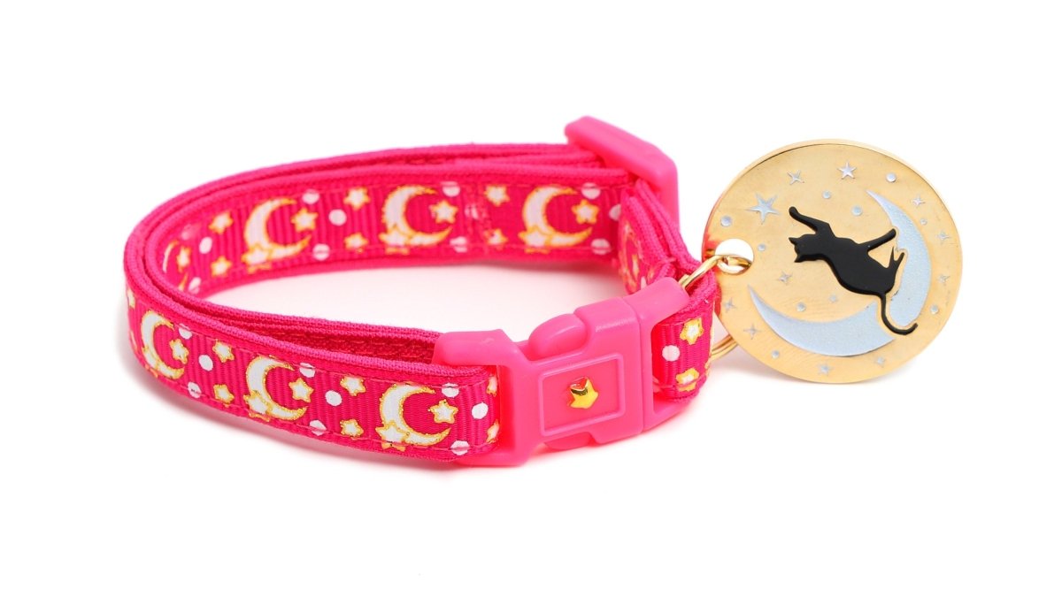 Gold Moons and Stars on Hot Pink Cat Collar - Pets Perfect
