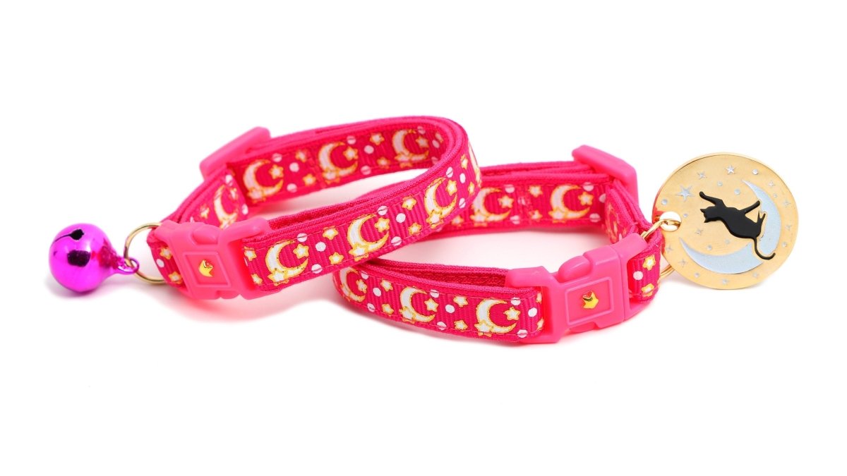 Gold Moons and Stars on Hot Pink Cat Collar - Pets Perfect