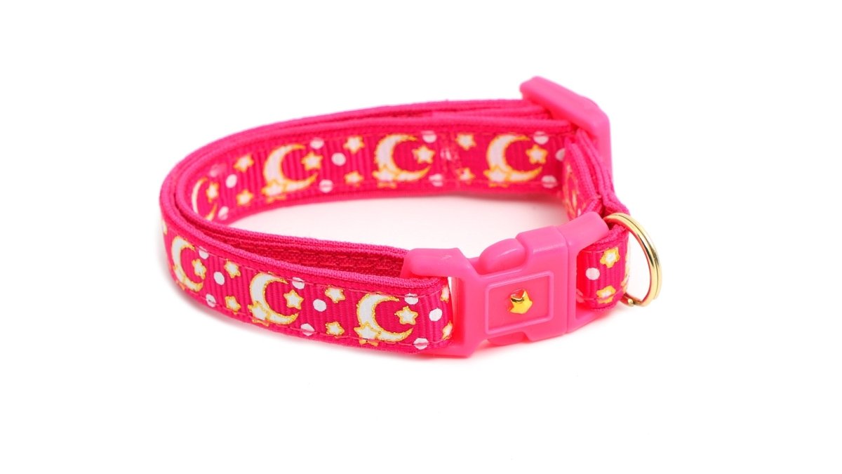 Gold Moons and Stars on Hot Pink Cat Collar - Pets Perfect
