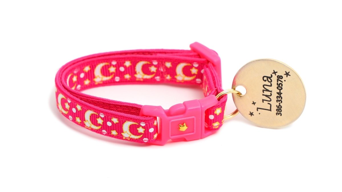 Gold Moons and Stars on Hot Pink Cat Collar - Pets Perfect