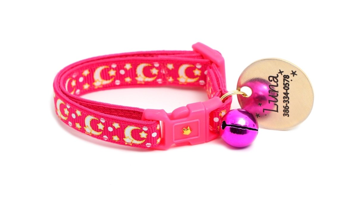 Gold Moons and Stars on Hot Pink Cat Collar - Pets Perfect