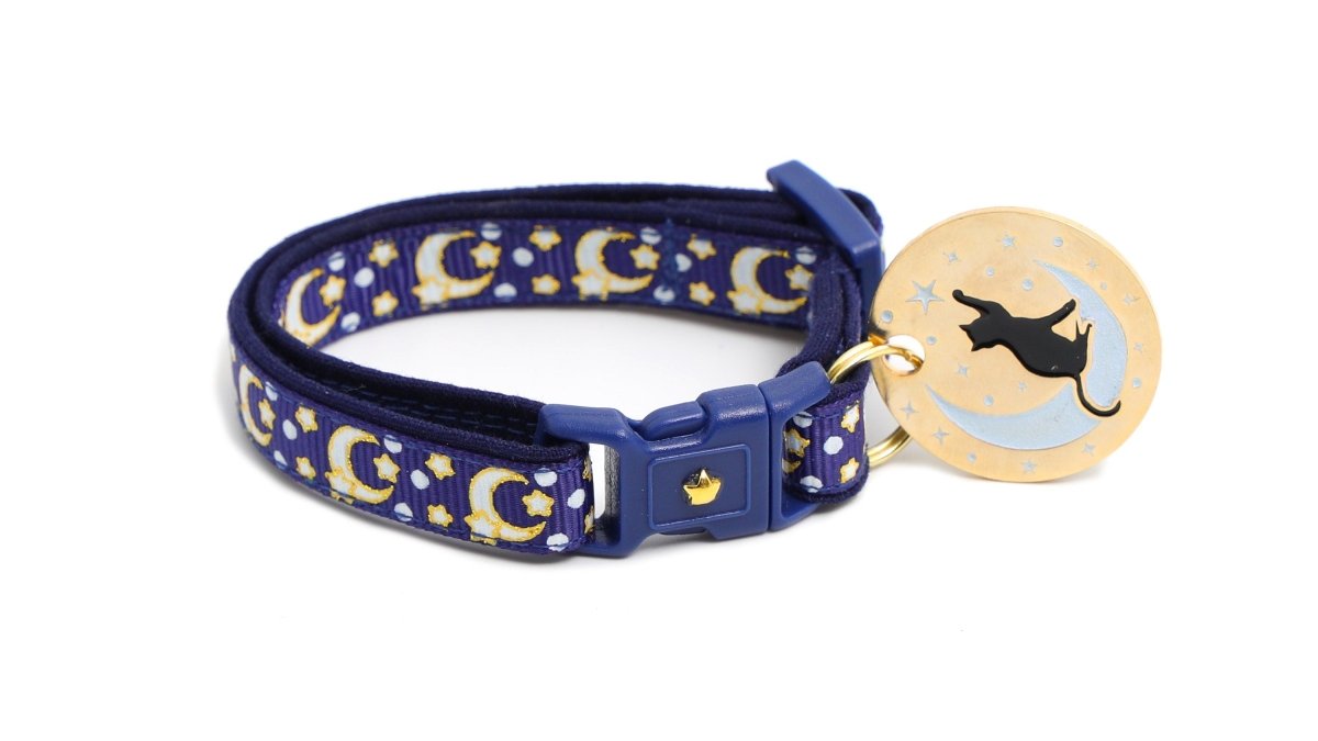 Gold Moons and Stars on Navy Blue Cat Collar - Pets Perfect