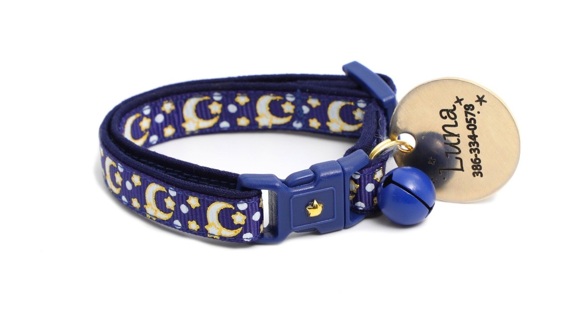 Gold Moons and Stars on Navy Blue Cat Collar - Pets Perfect