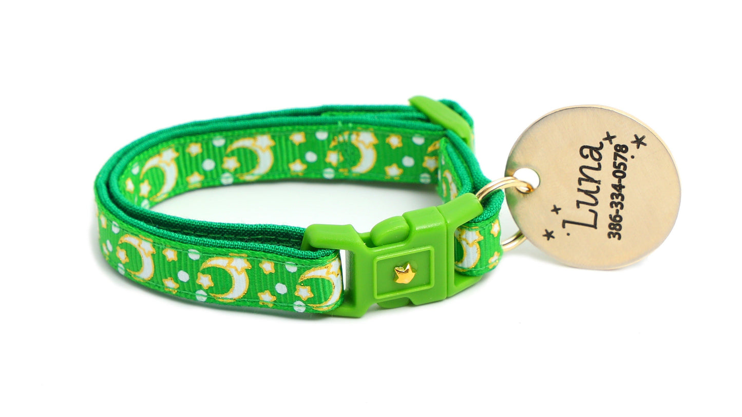 Gold Moons and Stars on Kelly Green Cat Collar