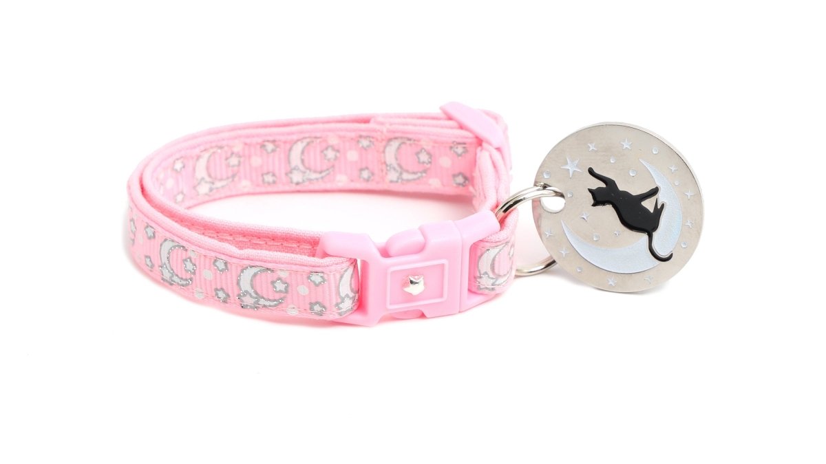 Silver Moons and Stars on Powder Pink Cat Collar - Pets Perfect