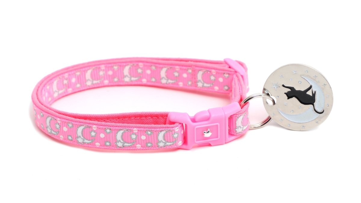Silver Moons and Stars on Peony Pink Cat Collar - Pets Perfect