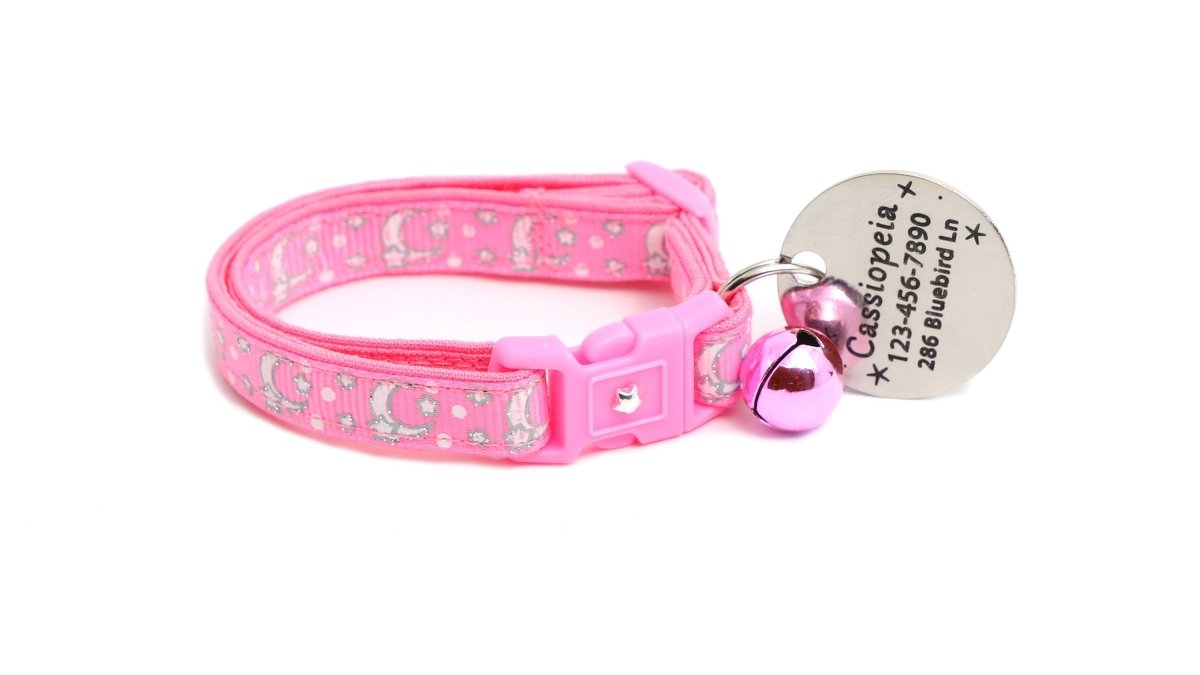 Silver Moons and Stars on Peony Pink Cat Collar - Pets Perfect