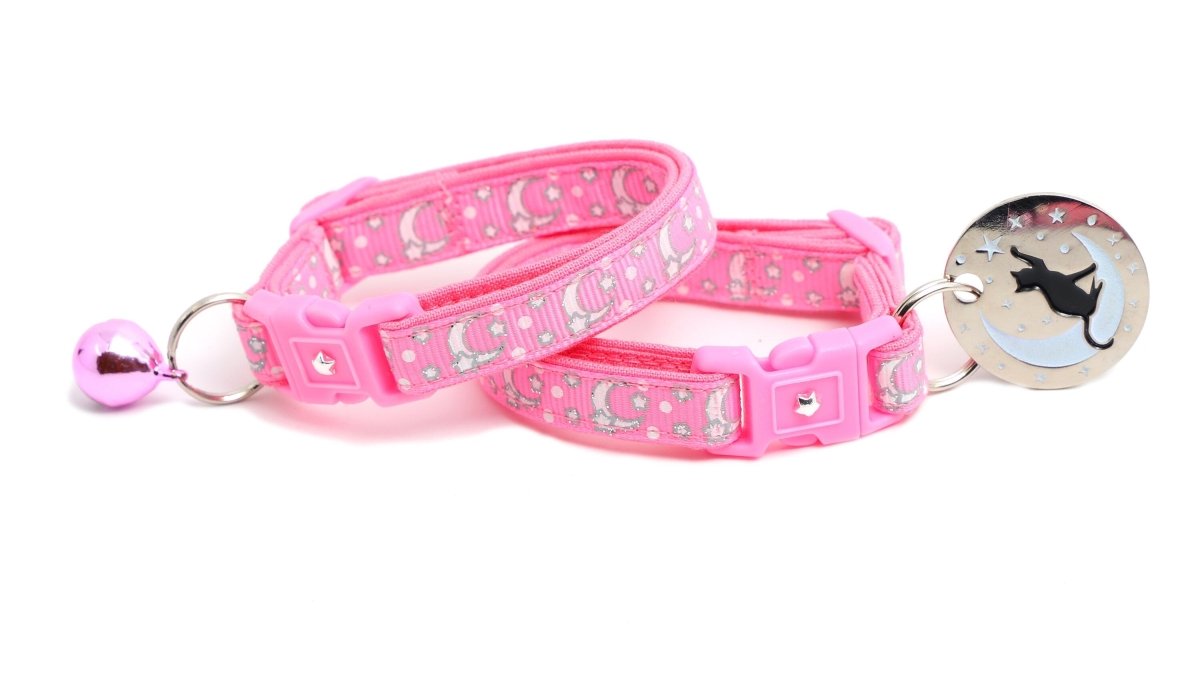 Silver Moons and Stars on Peony Pink Cat Collar - Pets Perfect