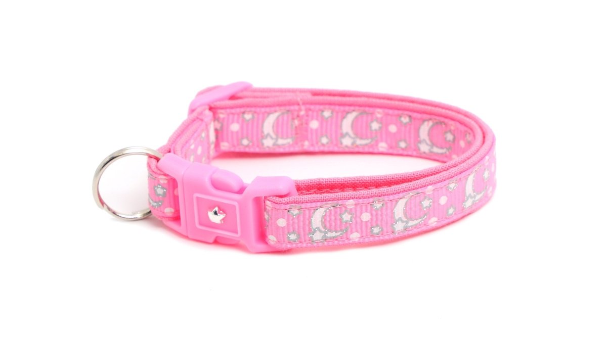 Silver Moons and Stars on Peony Pink Cat Collar - Pets Perfect
