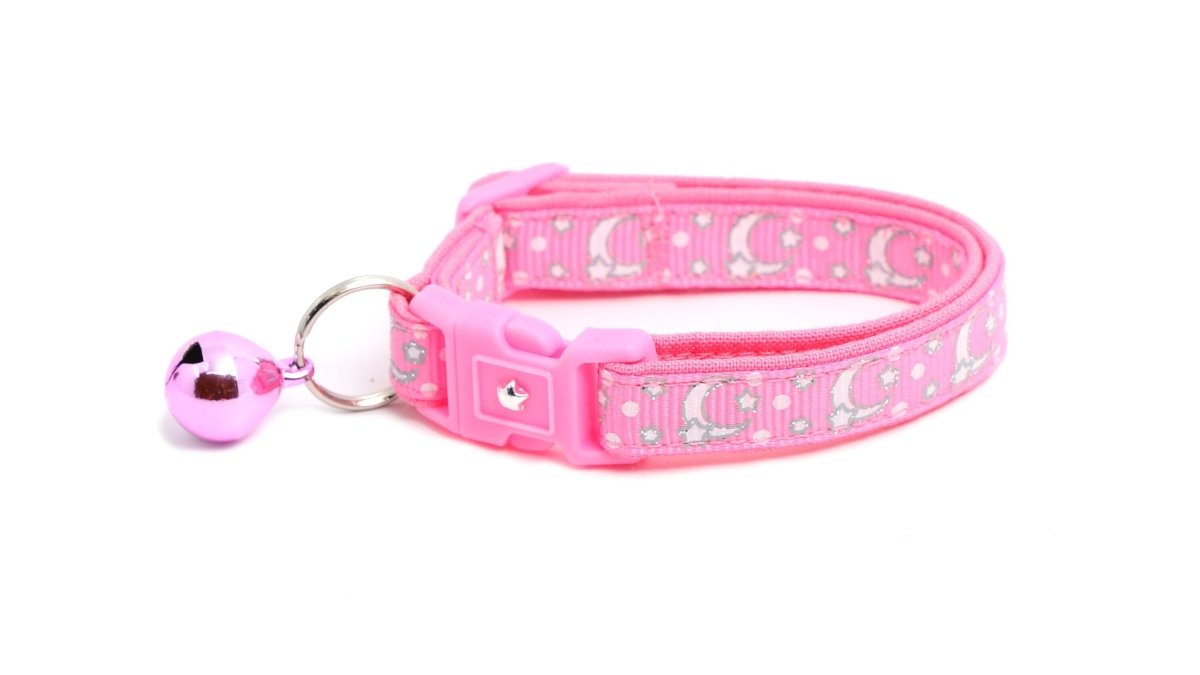 Silver Moons and Stars on Peony Pink Cat Collar - Pets Perfect