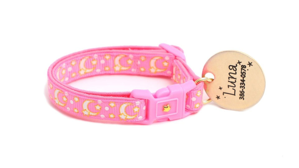 Gold Moons and Stars on Peony Pink Cat Collar, view 2