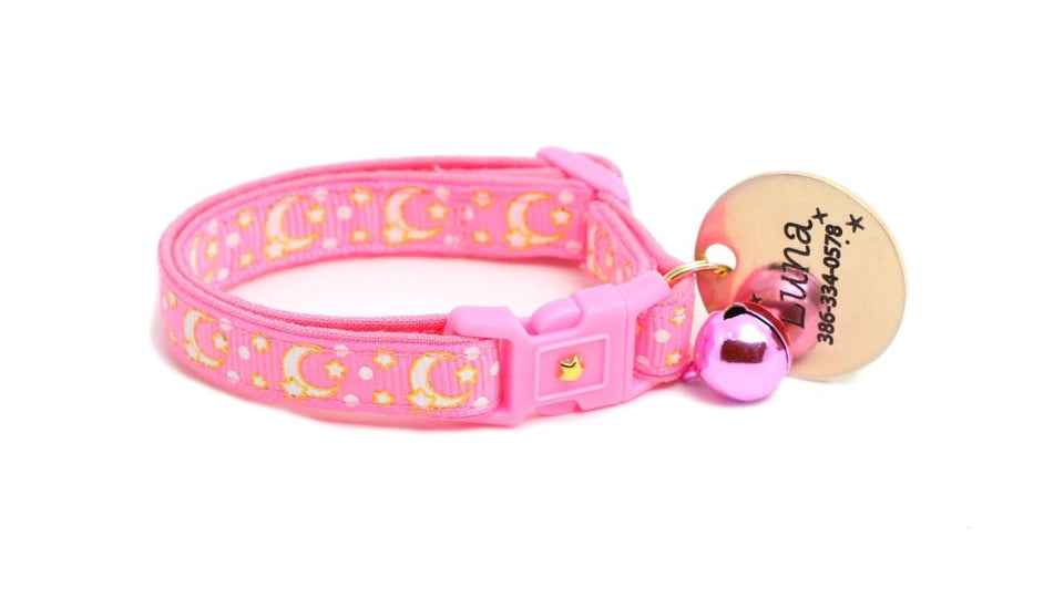 Gold Moons and Stars on Peony Pink Cat Collar, view 3