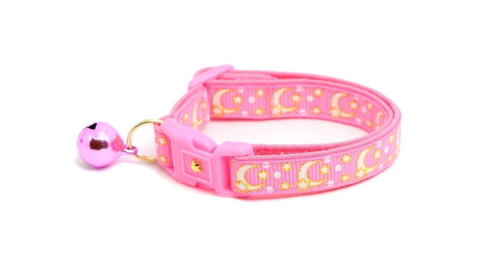 Gold Moons and Stars on Peony Pink Cat Collar, view 6