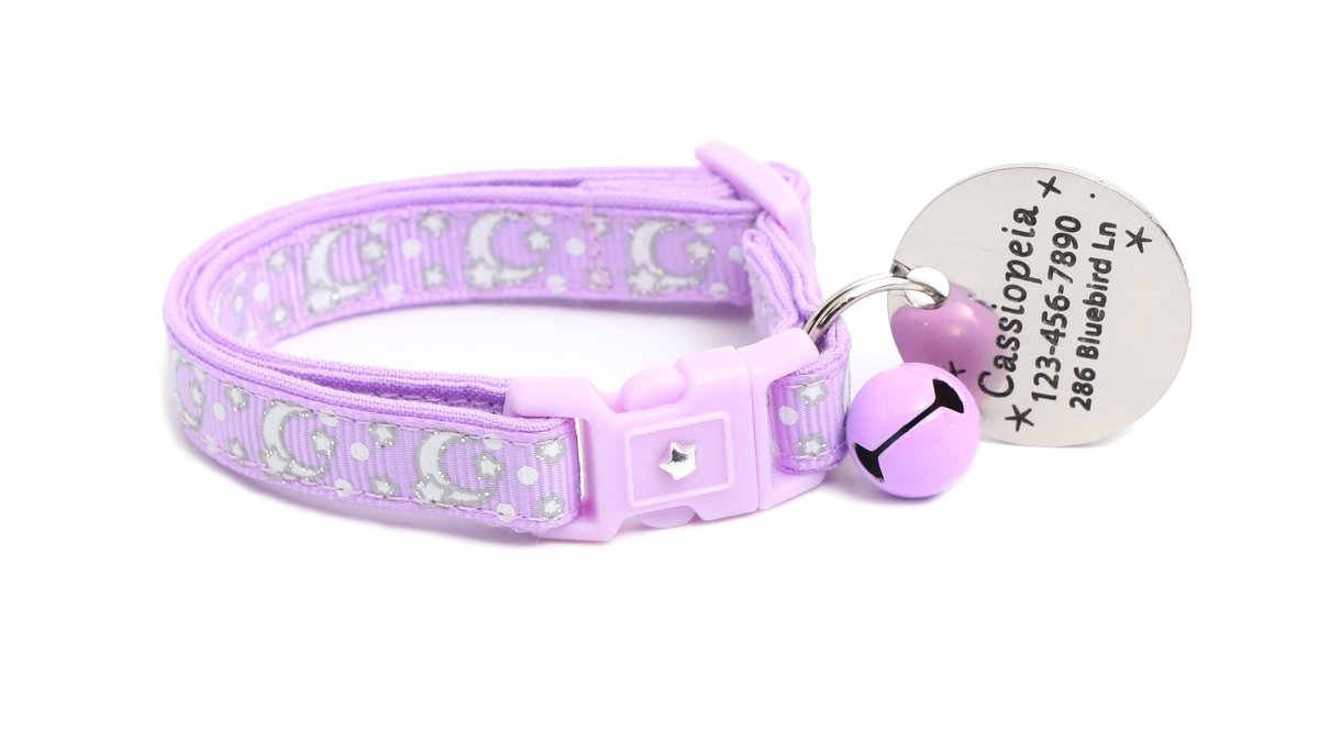 Silver Moons and Stars on Pastel Purple Cat Collar - Pets Perfect