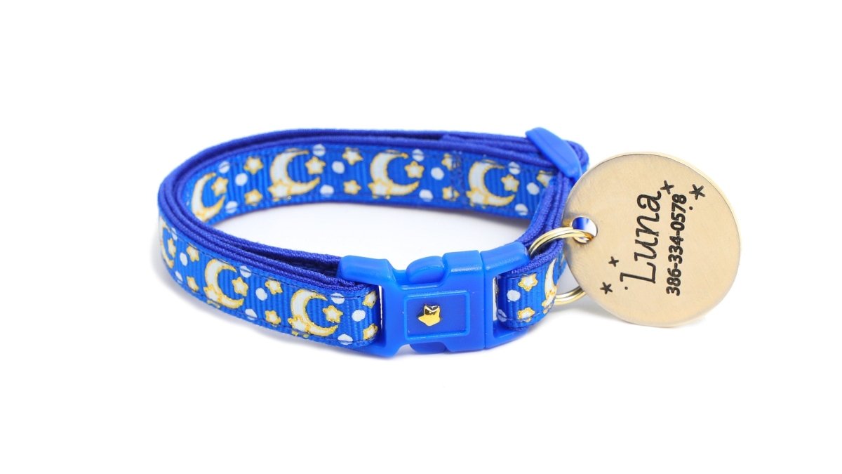 Gold Moons and Stars on Sapphire Blue Cat Collar - Pets Perfect