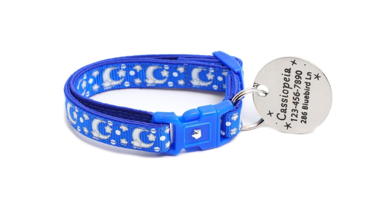 Silver Moons and Stars on Sapphire Blue Cat Collar - Pets Perfect