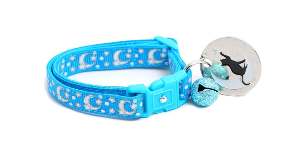 Silver Moons and Stars on Peacock Blue Cat Collar, view 4