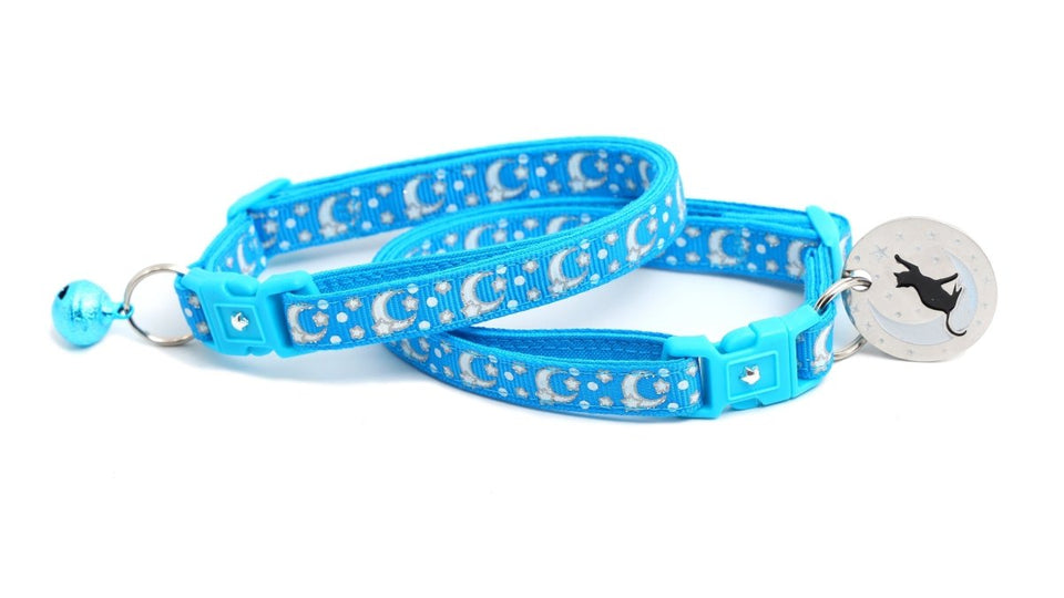 Silver Moons and Stars on Peacock Blue Cat Collar, view 3