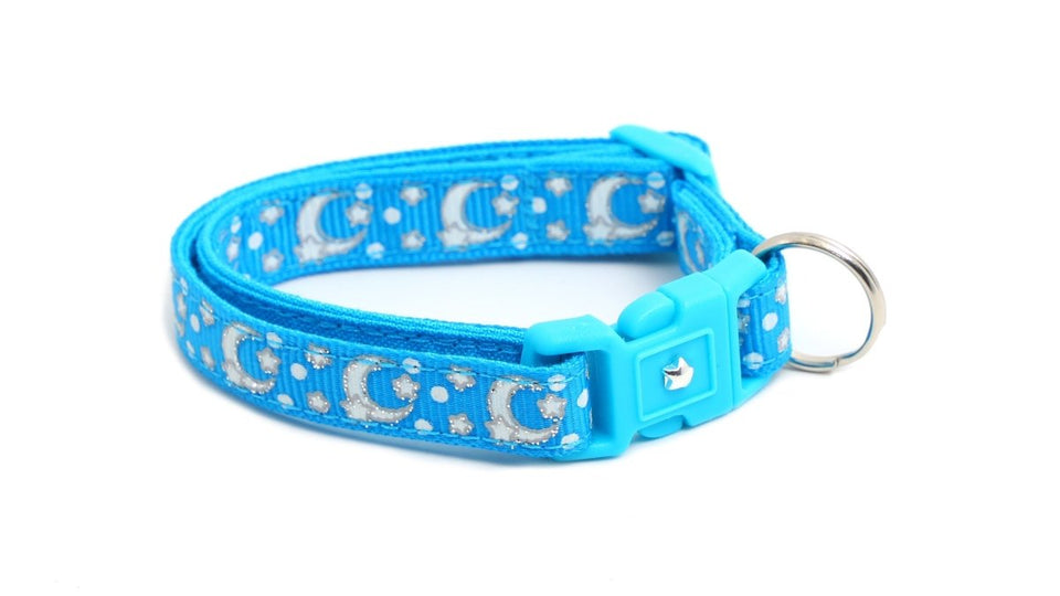 Silver Moons and Stars on Peacock Blue Cat Collar, view 7