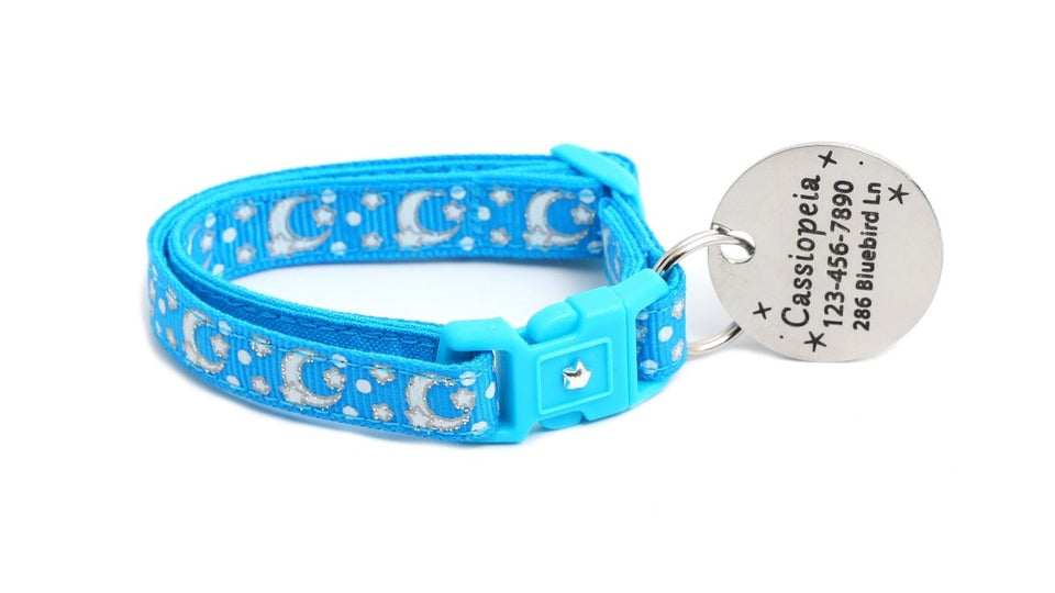 Silver Moons and Stars on Peacock Blue Cat Collar, view 5