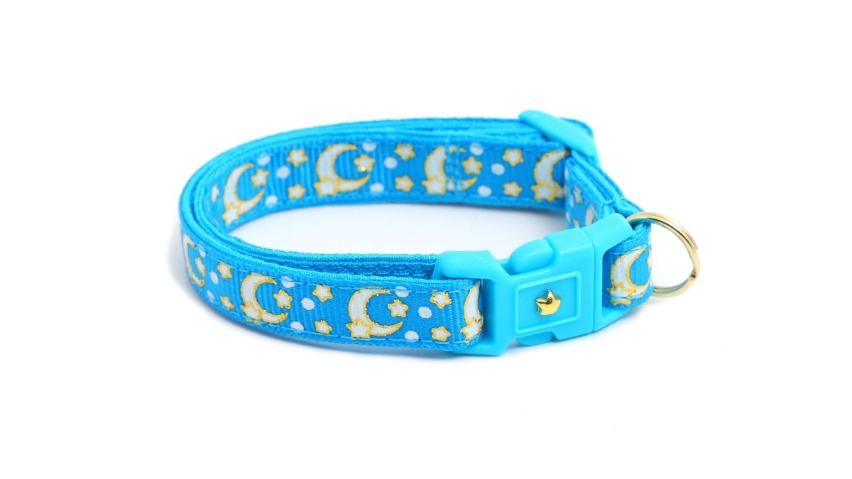 Gold Moons and Stars on Peacock Blue Cat Collar - Pets Perfect